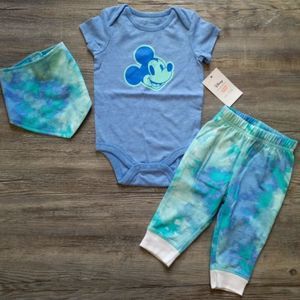 Disney Mickey Mouse Unisex 3 piece matching set 6M blue Pants onesie Bandana NWT